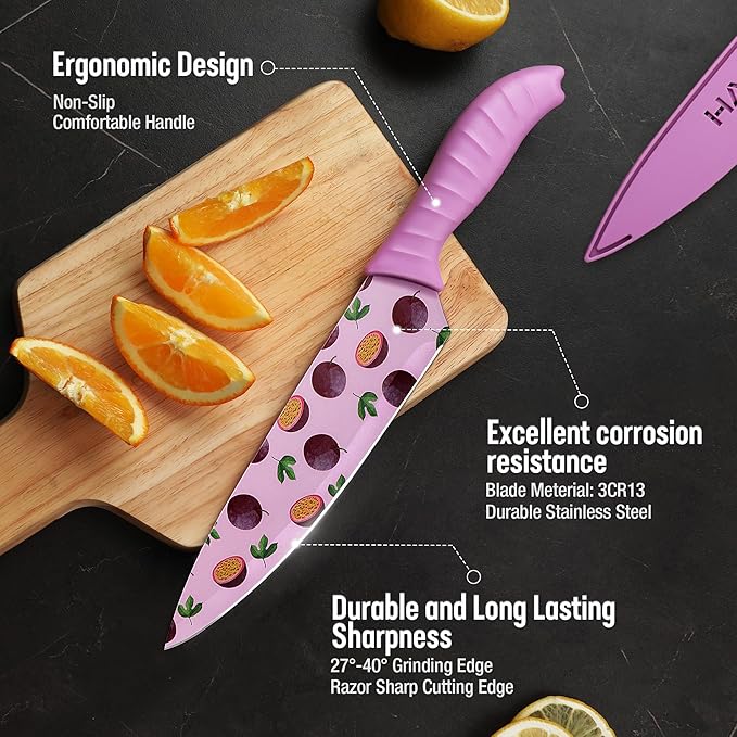 HAUSHOF Kitchen Knife Set, 12-Piece Colorful Knives Set with 6 Sheaths, Non-Stick Coated Stainless Steel Fruit Pattern Blades for Slicing, Dicing&Cutting, Gifts Knife Set for Dad, Mom
