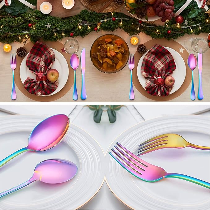 LIANYU Rainbow Flatware Cutlery Set, 20 Piece Stainless Steel Colorful Silverware Set for 4, Tableware Eating Utensils, Mirror Finish, Dishwasher Safe