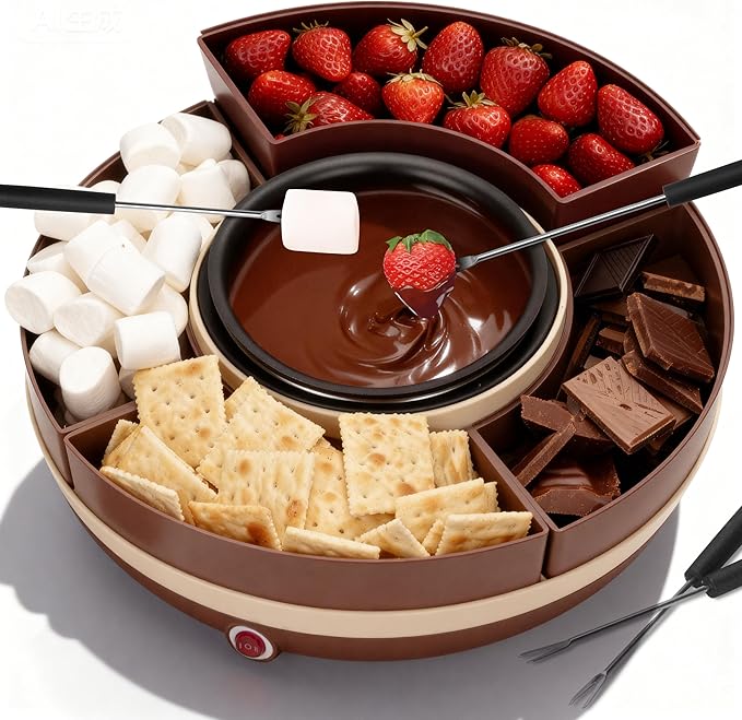 JoyMech Cheese & Chocolate Fondue Machine, Candy Melting Pot for Party, Electric Fondue Pot Set, Chocolate Warmer, Hot Chocolate Maker, 4-Section Food Tray, Brown