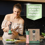 Home EC Premium Green Sea Salt and Pepper Grinder Set of 2 - Adjustable Ceramic - Tall Glass Salt and Pepper Shakers - Kitchen Pepper Mill & Salt Mill W/Funnel & EBook