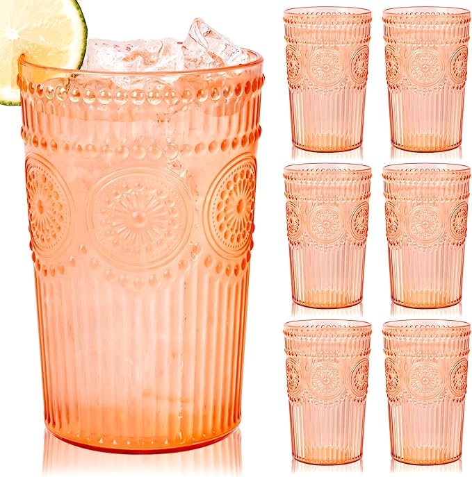 Ciaell 12 Pack Romantic Plastic Water Glasses - 14 Oz Amber Vintage Drinking Glasses, Embossed Ribbed Plastic Cups, Textured Striped Set for Juice, Beverages, Beer, Cocktai