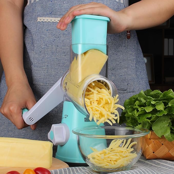 Cambom Rotary Cheese Grater Hand Crank Cheese Shredder for Fresh Cheese, Vegetable, Nuts,Non-slip Suction Base, Free Cleaning Brush Three Blades, Blue
