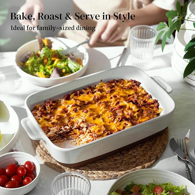 DOWAN Ceramic Casserole Dish for Oven, 9x13 Deep Lasagna Pan, Large Baking Dish with Handles, 4.3 Quarts Durable and Oven Safe Pan, for Roasting and Baking, Alabaster White