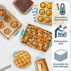 Perlli Baking Kit: Nonstick Gold Steel Oven Set - 6 Pieces, Round Cake Pan, Loaf Pan, Square Pan, Muffin Pan, Cookie Sheet, Roaster - Silicone Handles