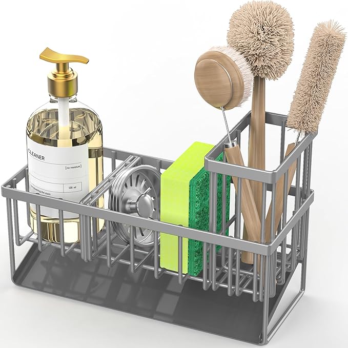 Cisily Sink Caddy Organzier with High Brush Holder, Sponge Holder for Sink, 304 Rustproof Stainless, Kitchen Countertop Soap Dispenser Organizer, Gray Kitchen Decor and Accessories
