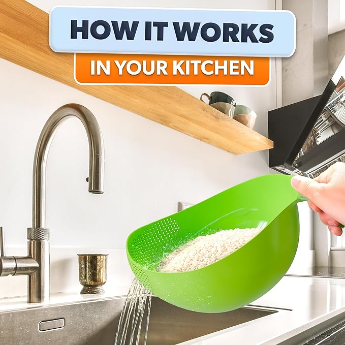 Rice Strainer with Handle - Lightweight Rice Washer Strainer Bowl with Smart Design for Easy Water Draining, Easy to Use & Clean ABS Plastic Colander with Handle for Cereals, Pasta, Vegetables, Fruits
