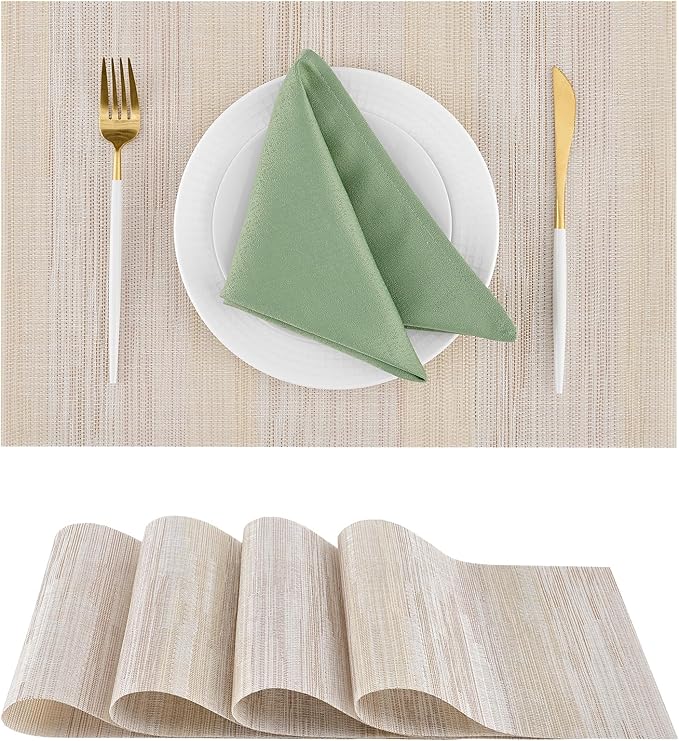 Leetaltree Lightsteel Beige with Yellow Placemats Set of 4 - Heat Resistant Non-Slip Place mats for Dining Table, Washable Durable PVC Vinyl Woven Table Mats (Lightsteel Beige, 4)