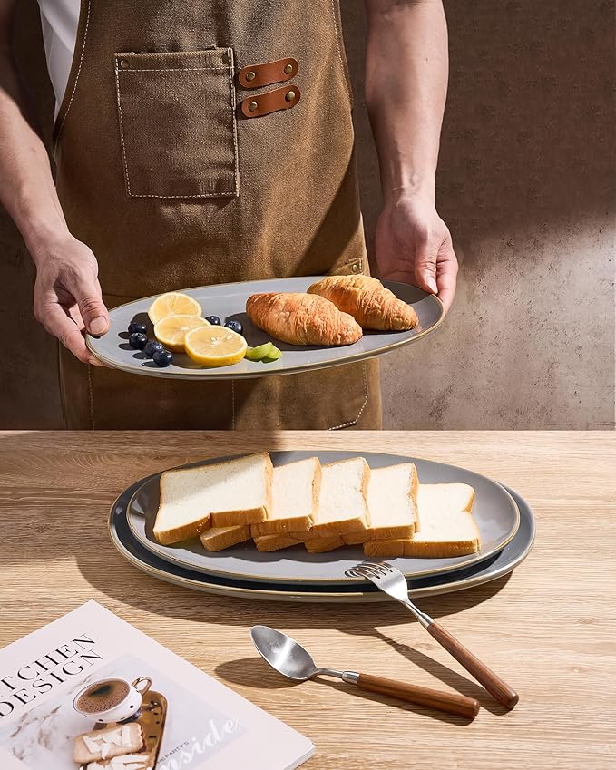 famiware Serving Platter, Oval 15.59/14.3/12.9 inch Serving Dishes for Entertaining, Serving Bowls, Microwave Safe, Fine Stonware Serving Trays for Party, Turkey, Cheese, Ocean Series, Dark Grey