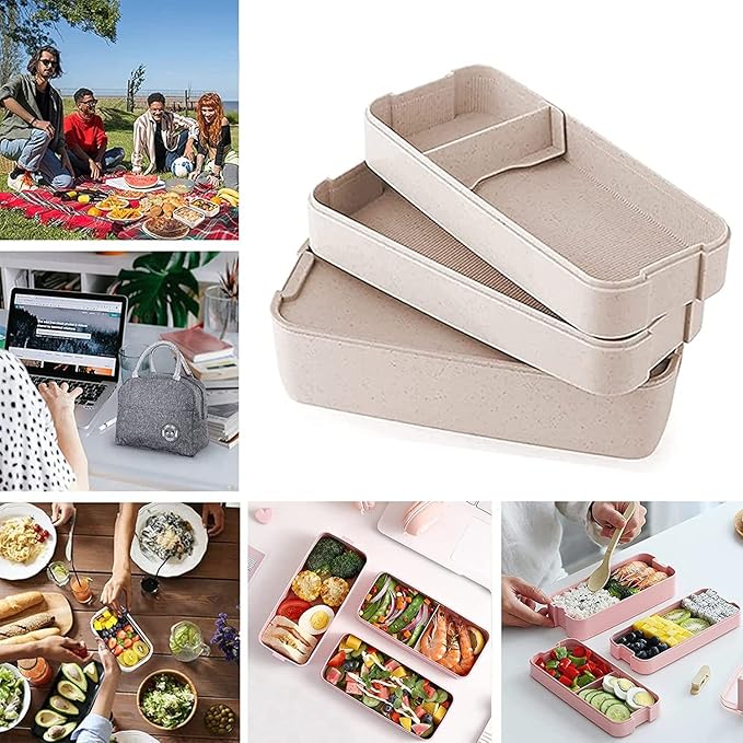 Rarapop Beige Stackable Bento Lunch Box Kit, 3-In-1 Compartment Wheat Straw Lunch Containers with Tableware, Reusable On-the-Go Meal and Snack Containers