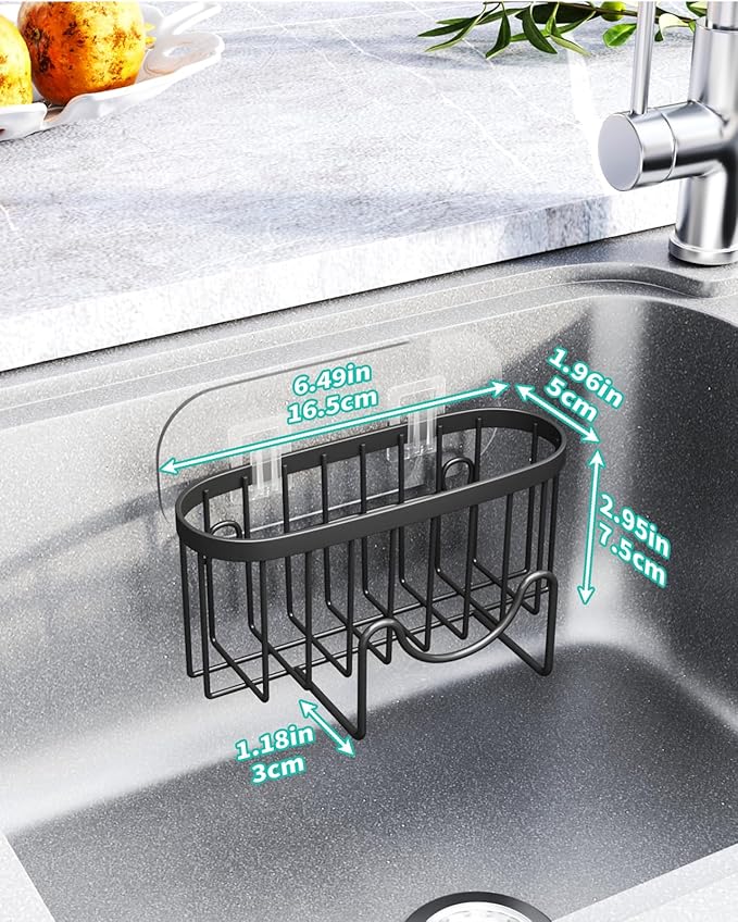 HapiRm Multifunctional Sponge Holder with Unique M-Shaped, 2 Installation Methods Kitchen Sink Caddy Organizer, Rustproof Stainless Steel Sponge Caddy for Brush, Sink Stopper and Scraper -Black