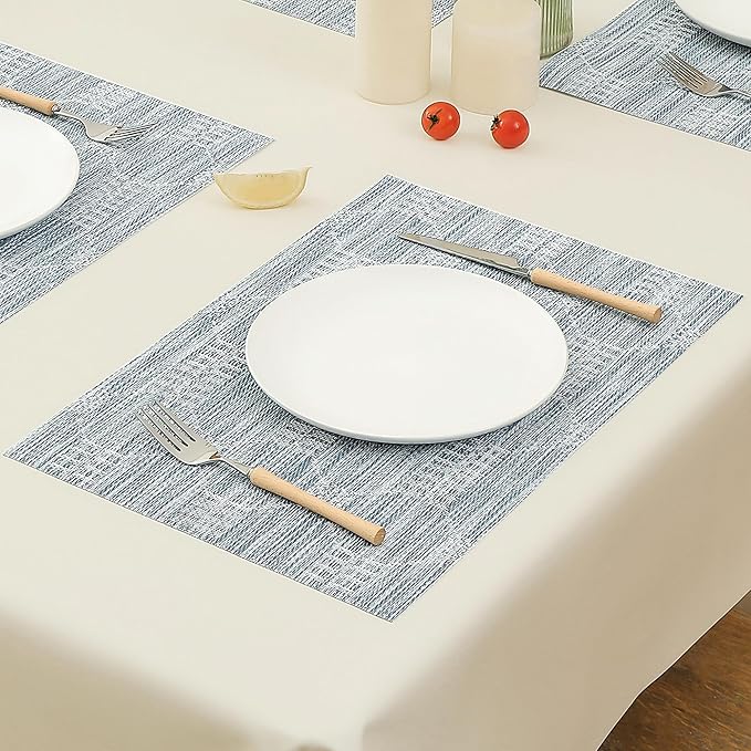 Leetaltree Jacquard Blue Placemats Set of 4 - Heat Resistant Non-Slip Place mats for Dining Table, Washable Durable PVC Vinyl Woven Table Mats (Jacquard Blue, 4)