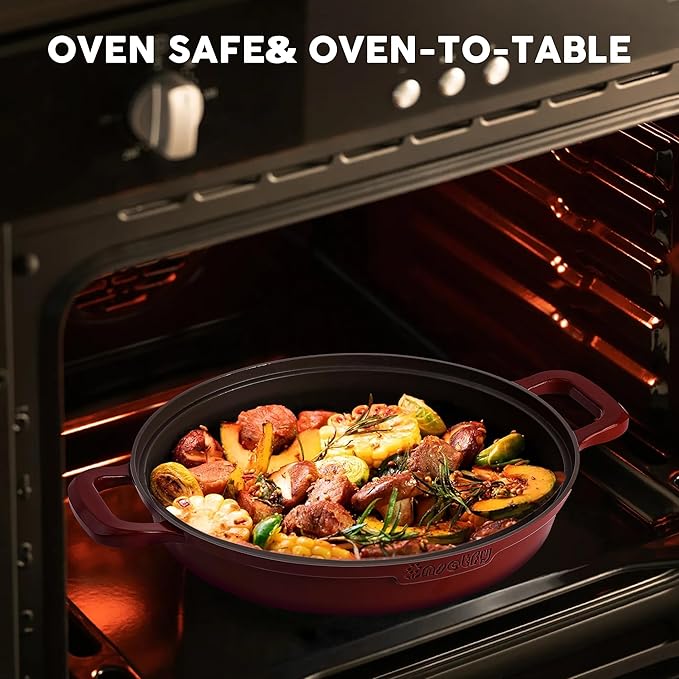 Non-Stick Frying Pan/Skillet 11", 3QT Tagine Pan,Cast Aluminum Pans with Lid, Stove/Oven-to-Table Cookware, Dishwasher Safe& Compatible with All Stovetops（Red）