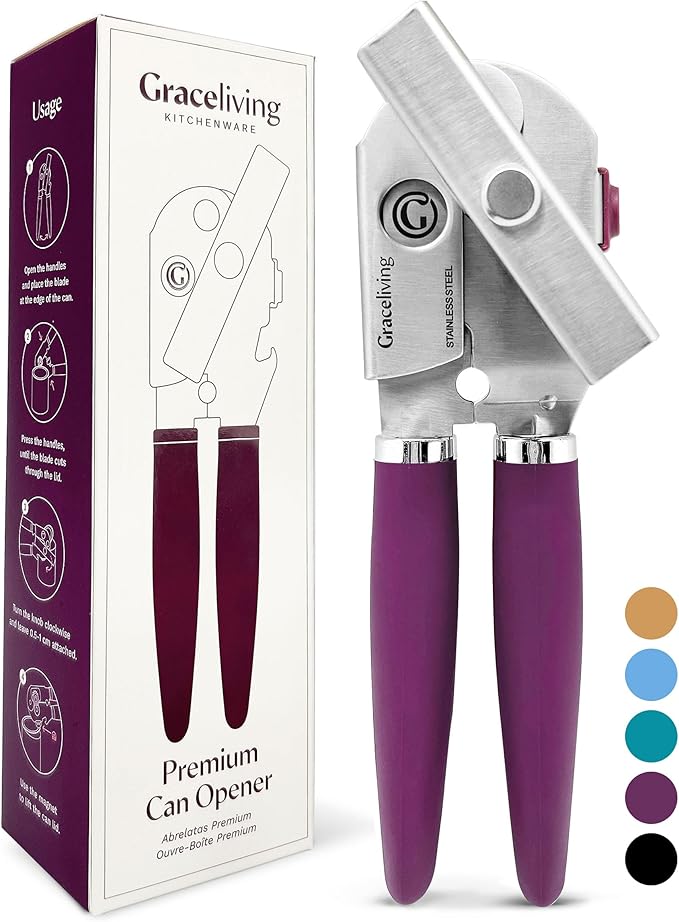 Premium Multifunction Magnetic Manual Can Opener and Bottle Opener, Heavy Duty Stainless Steel Sharp Cutting Blade and Oversized Easy Turn Knob, Soft-Touch Handle, Kitchen Use, Mauve