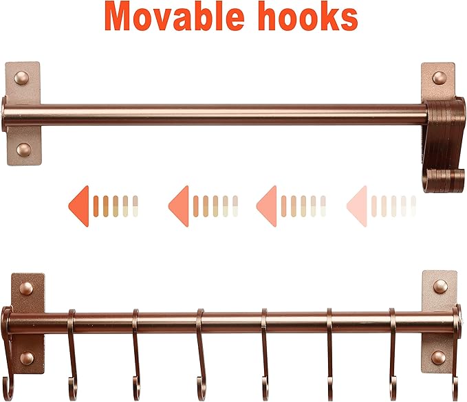Dseap Kitchen Utensil Holder Hanger, Pot and Pan Rack Wall Mounted, Kitchen Rail with 8 Hooks for Hanging Cooking Utensils, Mugs, Spoons, Wall Mounted, Rose Gold