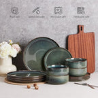E-far Dinnerware Sets for 6, 18-Piece Stoneware Plates and Bowls Set, Ceramic Dishes Reactive Glaze Dinning Ware, Microwave & Dishwasher Safe - Obsidian Green