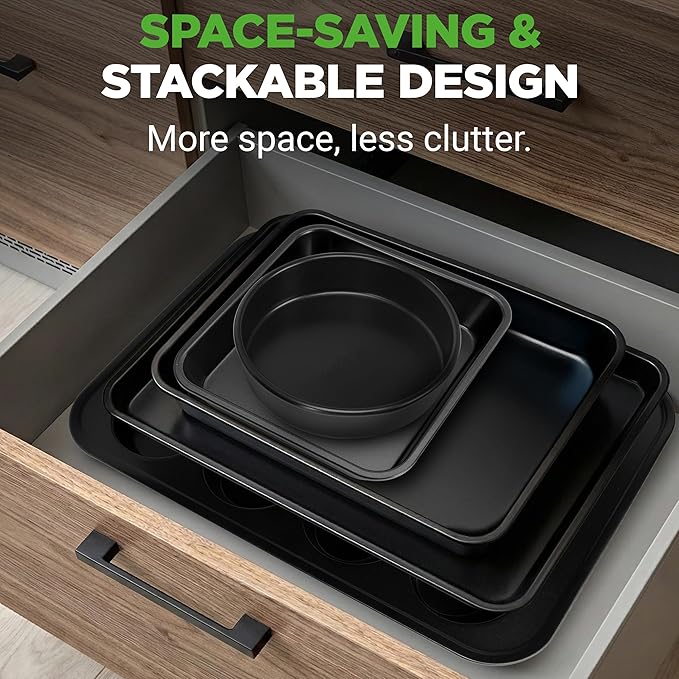 NutriChef Stackable Non-Stick Baking Pan Set – Carbon Steel Bakeware Set w/ Cookie Sheet, Muffin & Loaf Pan, Double Coated for Easy Release, Oven & Dishwasher Safe, Resists Warping, – Easy to Clean