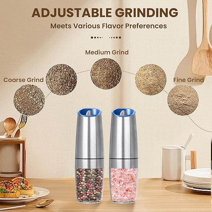 Gravity Electric Salt And Pepper Grinder Set, Automatic Salt And Pepper Grinder Set, Battery Powered (6 AAA Batteries Each), Adjustable Roughness, LED Light, 2 Pack, (Silver)