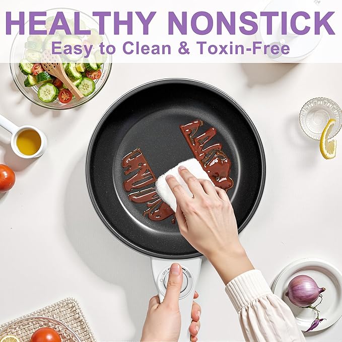 Dezin Hot Pot Electric with Steamer Upgraded, Non-Stick Sauté Pan, Rapid Noodles Electric Pot, 1.5L Mini Pot for Steak, Egg, Fried Rice, Ramen, Oatmeal, Soup with Power Adjustment