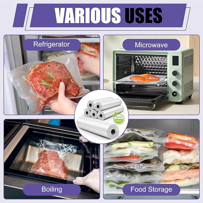 CAREGY Food Vacuum Sealer Rolls Bags 8 Pack 4 Rolls 8'' x 20' and 4 Rolls 11''x 20' Commercial Grade BPA Free Bag Rolls Embossed Food Saver Bags for Meal Prep,Sous Vide Cooking and Food Storage