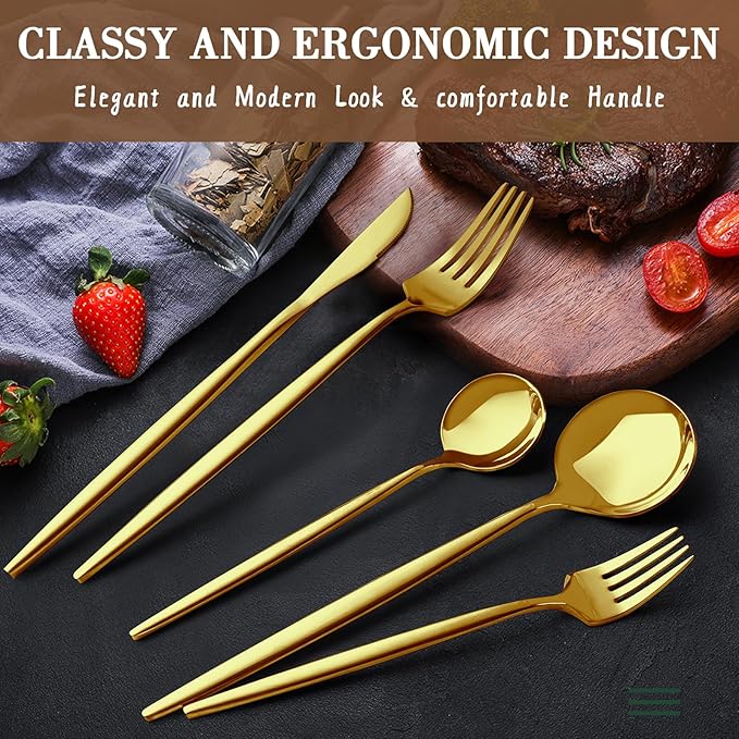 CEKEE Gold Silverware Set, 40 Piece Gold Utensils Set Service for 8, Stainless Steel Flatware Set Include Knives Spoons and Forks Cutlery Set for Kitchen Home Restaurant Wedding, Satin Finish