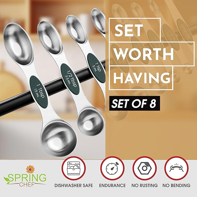 Spring Chef Stainless Steel Magnetic Measuring Spoons Set of 8 with Leveler, Stackable Magnetic Teaspoon & Tablespoon Set, Metal Kitchen Gadgets for Baking & Cooking, Fits in Spice Jars - Pine Green
