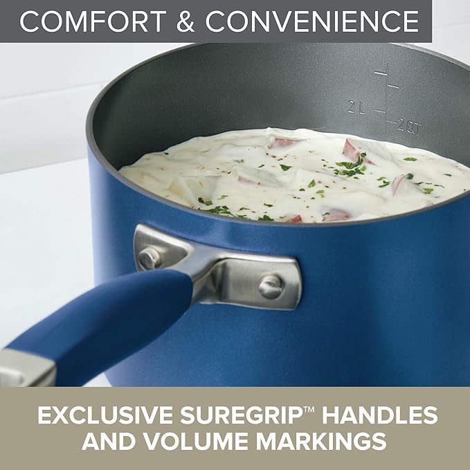 Anolon Advanced Home Hard Anodized Nonstick Sauce Pan/Saucepan with Straining and Lid, 2 Quart (2 Qt Straining Saucepan, Indigo)