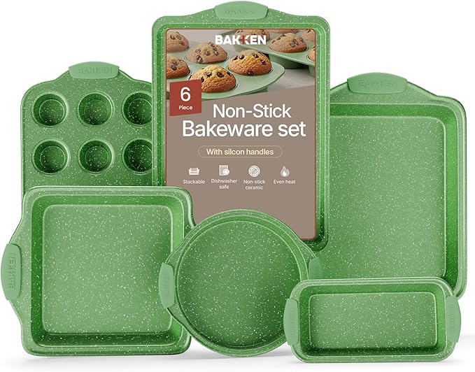 BAKKEN Kitchen Baking Pan Set - Nonstick Green Marble Coating, Carbon Steel Bakeware Sets with Green Silicone Handles, Kitchen Essentials, PFOA, PFOS, PTFE Free, Oven Safe (Up To 450° F), Set of 6