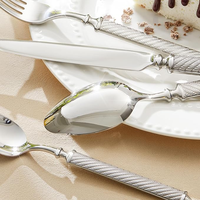 KINGSTONE Retro Rope-Pattern Silverware Set, 60-Piece Flatware Set Cutlery Set Forged with Handcrafted Texture Handles 18/10 Stainless Steel, Dishwasher Safe