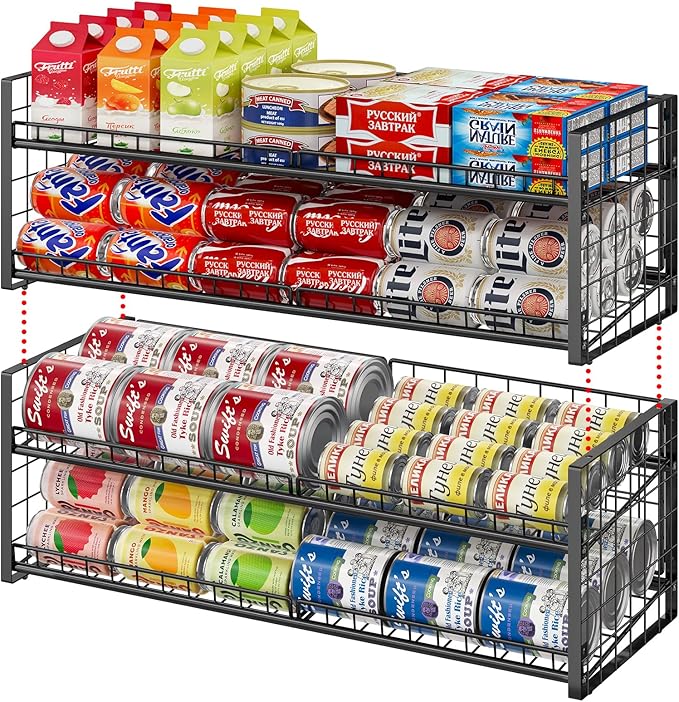 2-Pack Stackable Can Organizer for Pantry Shelf, Adjustable Extra-Long Rolling Can Rack for Kitchen Cupboard Storage, Sturdy Standing Can Holder for Canned Food Goods Soda up to 128, 2 Tier, Black