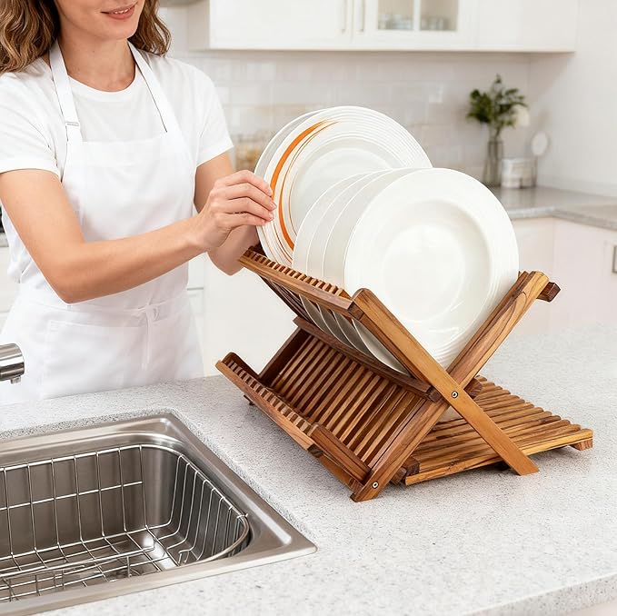 Utoplike Large Teak Dish Drying Rack, Wooden 3 Tier Collapsible Dish Draine for Countertop, Kitchen Organizer for Pasta Plates, Cups