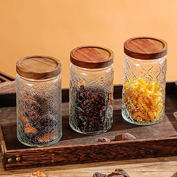 24 OZ/6 PCS Glass Storage Jar with Airtight Bamboo Wooden Lids, Vintage Food Containers Canisters Sets for Kitchen Counter Pantry, Sugar, Flour, Candy, Tea, Coffee Beans, Oats, Grain Bin, Pasta,