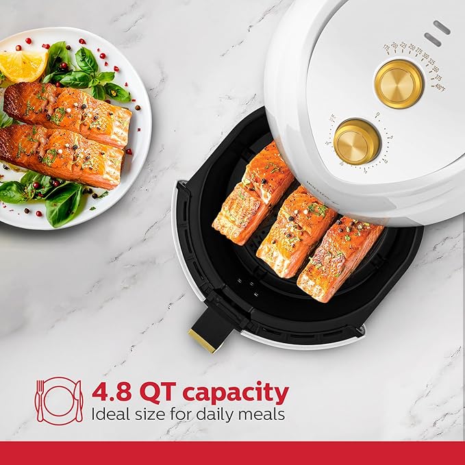 Holstein Housewares 4.8QT Air Fryer Golden Elegance. Hot Air Technology & PFOA Free Non Stick Coating for Less Oil Use with Led Display. No Pre Heating, Fry, Bake, Grill and Roast. White & Gold