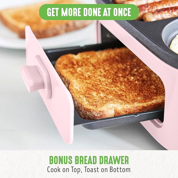 GreenLife 3-in-1 Breakfast Maker Station, Healthy Ceramic Nonstick Dual Griddles for Eggs Meat Sausage Bacon Pancakes and Breakfast Sandwiches, 2 Slice Toast Drawer, Easy-to-use Timer, Pink