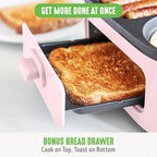 GreenLife 3-in-1 Breakfast Maker Station, Healthy Ceramic Nonstick Dual Griddles for Eggs Meat Sausage Bacon Pancakes and Breakfast Sandwiches, 2 Slice Toast Drawer, Easy-to-use Timer, Pink