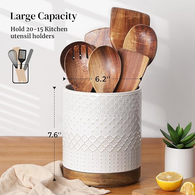 DOWAN 360° Rotating Extra Large Cooking Utensil Holder, 7.6" Kitchen Utensil Holder for Countertop, Utensil Crock for Farmhouse Kitchen Decor, Ceramic Stable Utensil Caddy, White Embossed