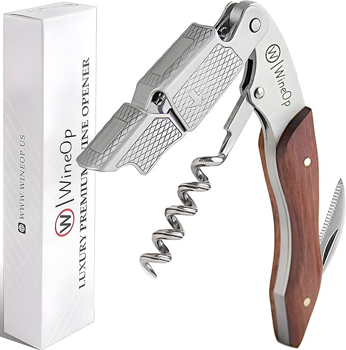 WineOp Professional Wine Opener Luxury Double Hinged Waiter's Corkscrew Wine Bottle Key - Cork screwer for Servers, Bartenders, Sommelier and Home Use | All-In-One Stainless Steel (Rosewood Handle)