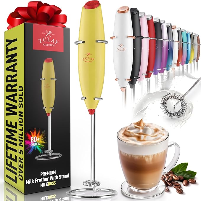 Zulay Kitchen Powerful Milk Frother Wand - Ultra Fast Handheld Drink Mixer - Electric Whisk Foam Maker for Coffee, Lattes, Cappuccino, Matcha & Creamer - Lime N Red