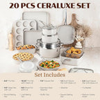 Granitestone Ceraluxe 20 Pc Ceramic Cookware Set Nonstick, Complete Pots and Pans Set Non Stick with 5 Pc Bakeware Set, Deep Frying Pan Set, & Steamer, Non Toxic PFOA Free, Oven & Dishwasher Safe