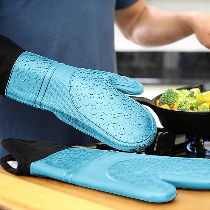 BPA-Free Soft Silicone Oven Mitts - Ultra Heat Resistant Oven Mitts with Thick Cotton Liner - Extra Long Slip Resistant Pot Holders, Flexible Oven Gloves - Aqua/Black 14.7"