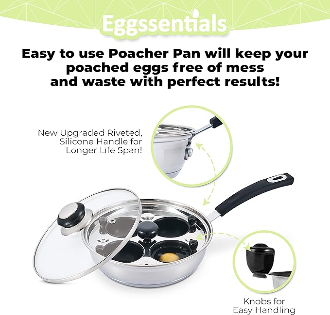 Eggssentials Egg Poacher Pan Nonstick Poached Egg Maker, Stainless Steel Egg Poaching Pan, Poached Eggs Cooker Food Grade Safe PFOA Free with Spatula
