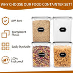 HKJ Chef 4 Pack Large Airtight Food Storage Containers with Lids (5.2L / 176oz), BPA Free Plastic Kitchen and Pantry Organization Contianers for Cereal Flour and Sugar Storage, Labels & Marker