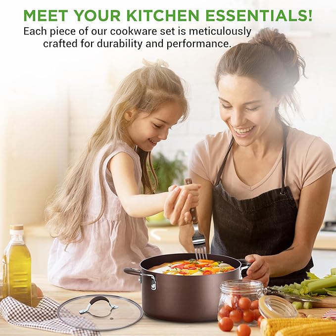 NutriChef 14-Piece Nonstick Brown Cookware Set - Scratch-Resistant Kitchen Pots and Pans with Lids & Utensils, For All Cooktops - NCCW14SBR