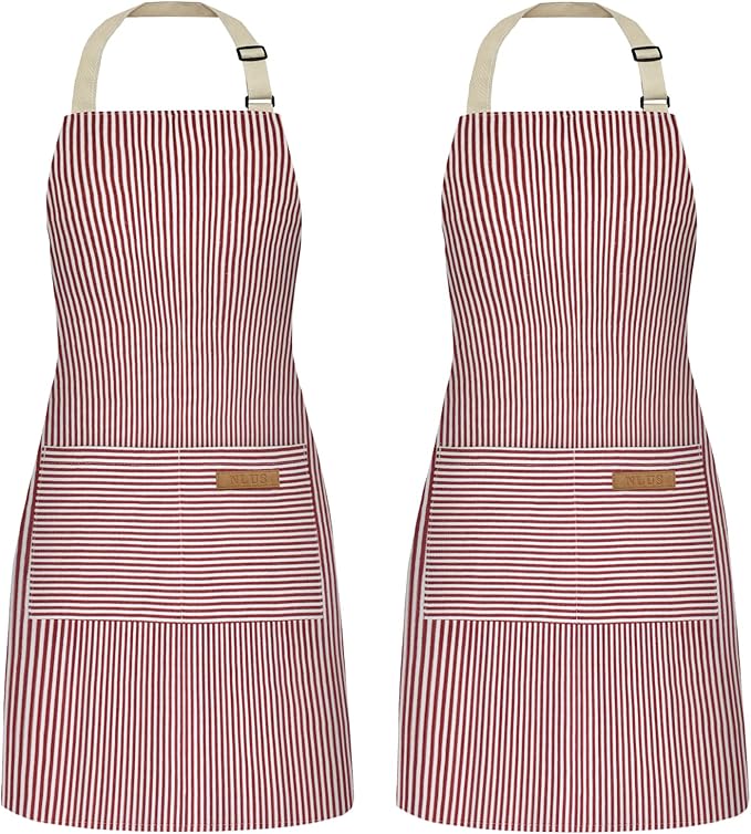 NLUS 2 Pack Cooking Aprons for Women with Pockets, Adjustable Kitchen Bib Aprons Chef Aprons for Women Men(Red Pinstripes)