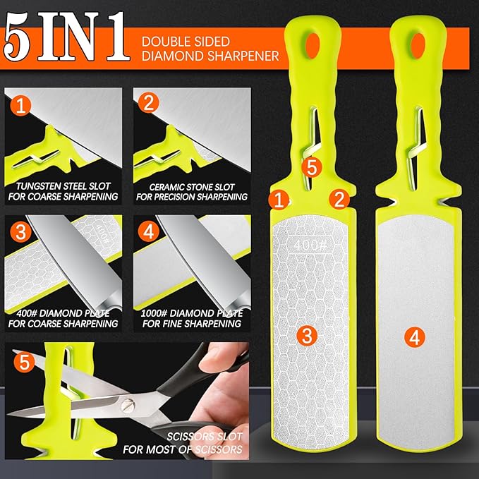 Diamond Sharpening Stone,400/1000 Grit Handheld Double-Sided Diamond Sharpener 5 in 1 Honeycomb Surface Knife Sharpener Plate Whetstone with Ceramic & Tungsten Steel Scissor Slot,Green
