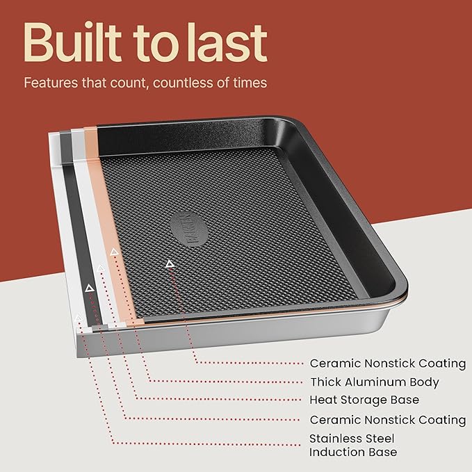 Diamond Bottom Cookie Sheet Set of 2, Nonstick Gray Carbon Steel Baking Pans for Crisp Baking, Space-Saving Stackable Trays, PFOA, PFOS, PTFE Free, Oven Safe Up to 450°F, Small & Medium Pans