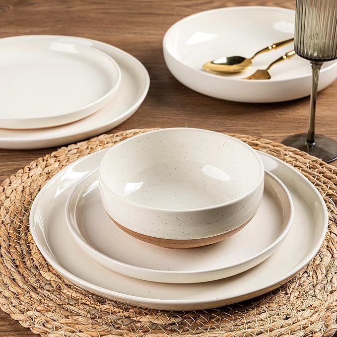 AmorArc Ceramic Dinnerware Sets for 8, 24 Pieces Handpainted Plates and Bowls Set with Rustic Terracotta Underside, Scratch Resistant Stoneware Dishes Set, Dishwasher & Microwave Safe, Light Beige
