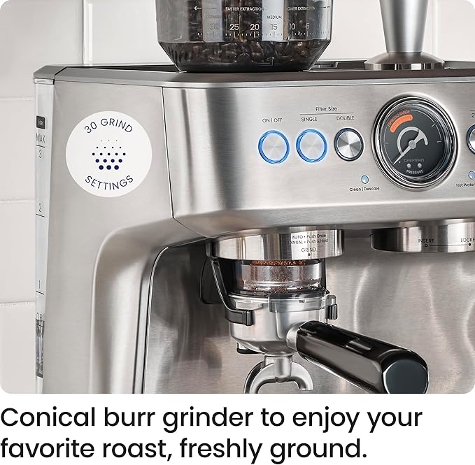 Chefman Crema Supreme 15 Bar Espresso Machine with Milk Frother, Barista Steam Wand, Professional Coffee Maker with Coffee Grinder, 30 Grind Settings, 3L Removable Water Tank - Stainless Steel