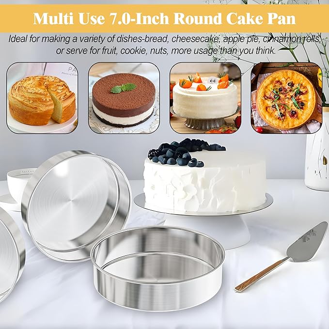 7 Inch Round Cake Pans Set of 3, Nonstick Stainless Steel Baking Pans Set with 100PCS Parchment Papers, Heavy Duty Durable Birthday Wedding Circle Layer Cake Pans Sets for Baking, Dishwasher Safe