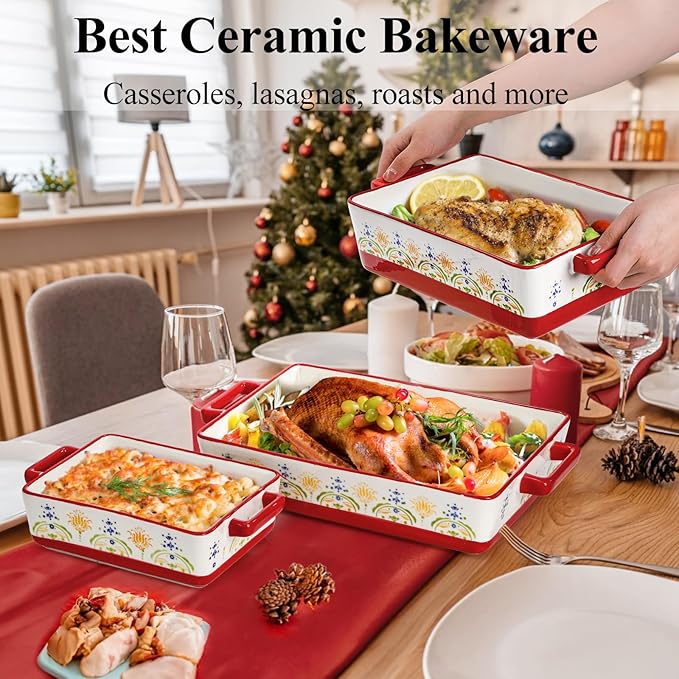 WRINGKIT Set of 3 Ceramic Baking Dishes, Rectangular Casserole Dish for Oven, Ceramic Bakeware Lasagna Pan Deep with Handles for Cooking, Baking, Wedding Gift, 3 Sizes (12''/10.7''/7.7''), Red