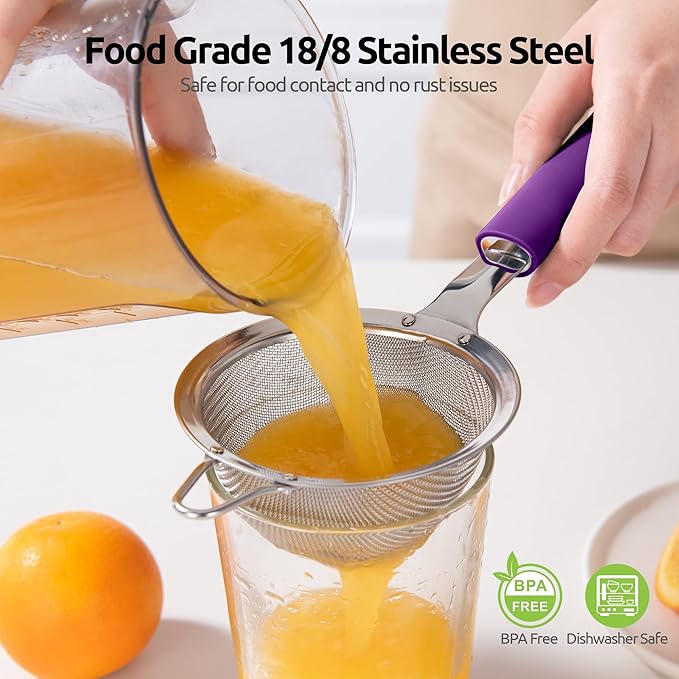 18/8 Stainless Steel Mesh Strainer: U-Taste 3.9 Inch Kitchen Fine Mesh Sieve Food Colander with Riveted Sturdy Silicone Handle and 30 Mesh Hole for Straining Flour, Quinoa, Tea, Juice (Purple)